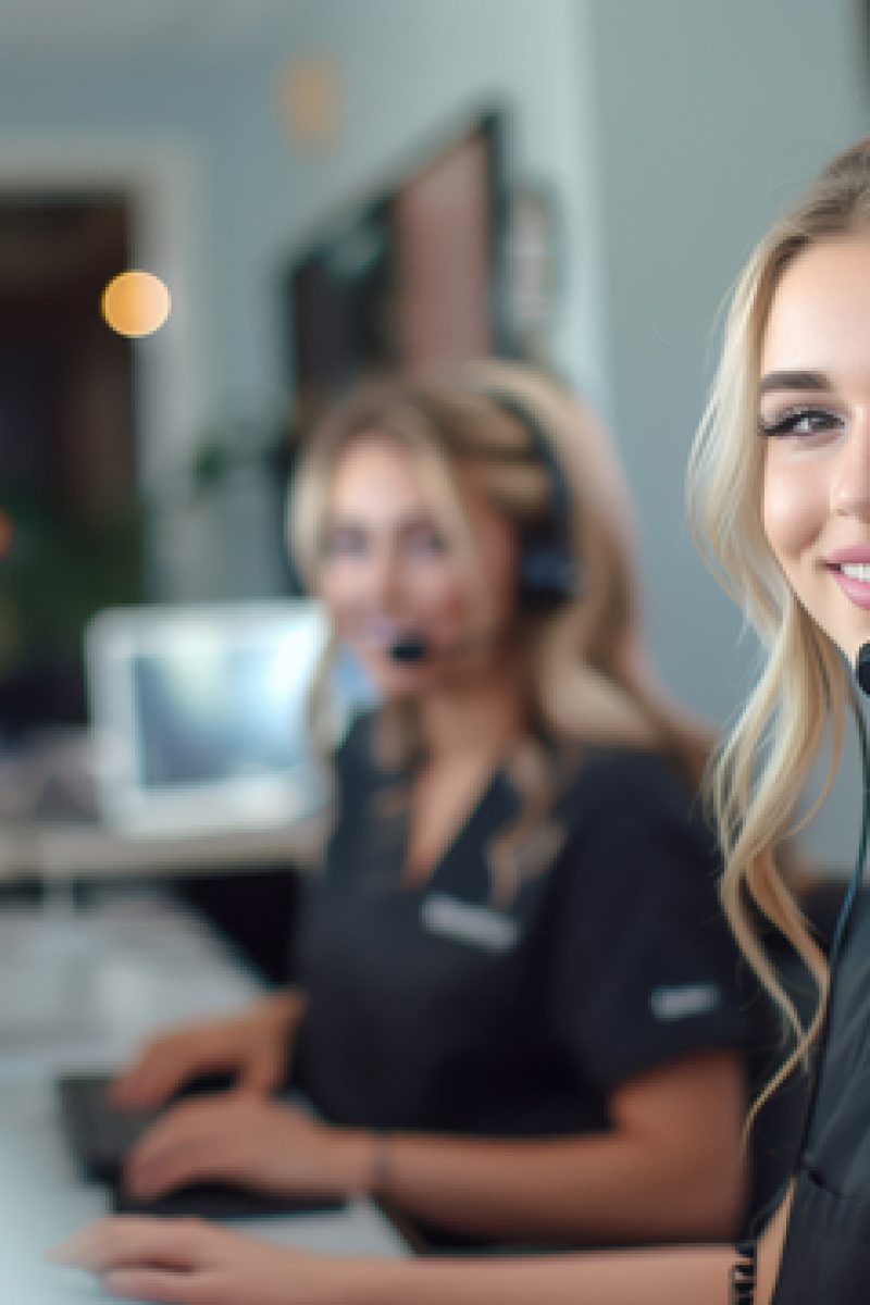 Two Beautiful Women Working at a Call Center, Wearing Headsets and Smiling Two beautiful women working at a call center, wearing headsets and smiling, providing customer service.